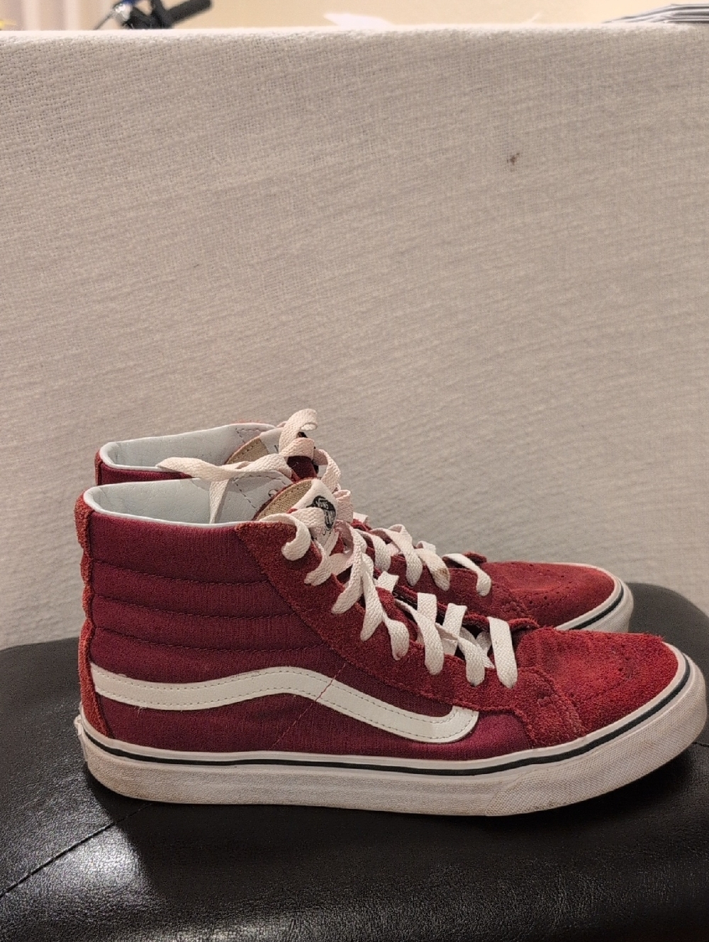 Vans Burgundy Suede High Top Sneakers with White Stripe